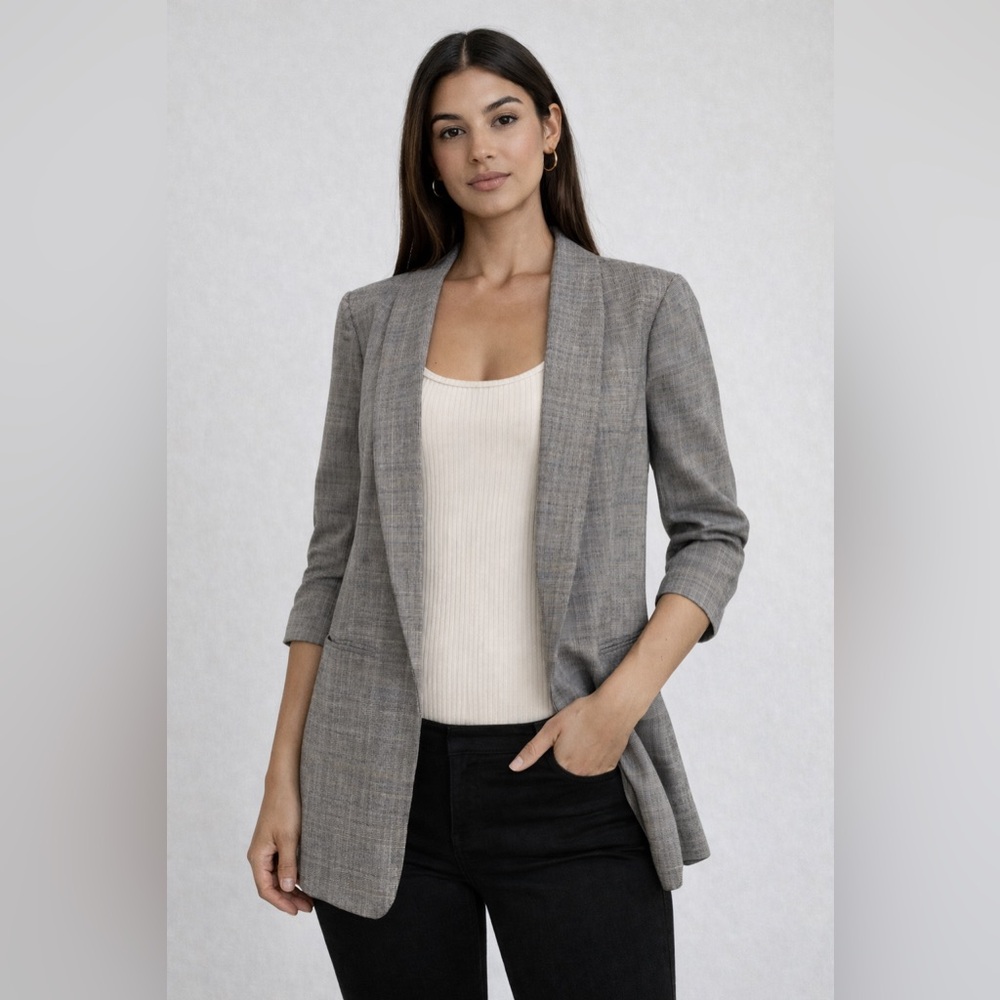 H&M Plaid Ruched Sleeve Blazer Size 6 Grey Glen Check Career Wear Minimalist